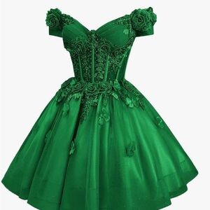 Emerald Green Off-Shoulder Floral Appliqué Dress